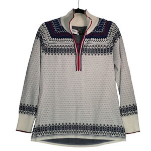 Eddie Bauer Sweater Women Large Ivory Blue Fair Isle 1/2 Zip Ski Holiday Party